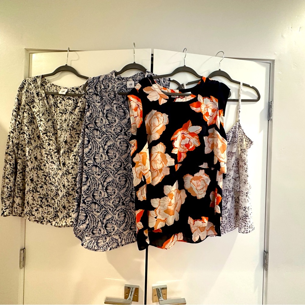 Lot of CAbi tops— two sleeveless, one long sleeve button down, & strappy tank.